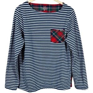 Vineyard‎ Vines Striped Shirt Girl's 16 XL Navy Red Plaid Long Sleeve Boatneck